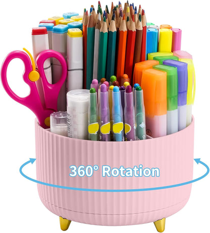 Desk Organizer, 360-Degree Rotating Pen Holder, Desk Organizers and Accessories with 5 Compartments Pencil Holder, Art Supply Storage Box Caddy for Office, Home (Yellow)