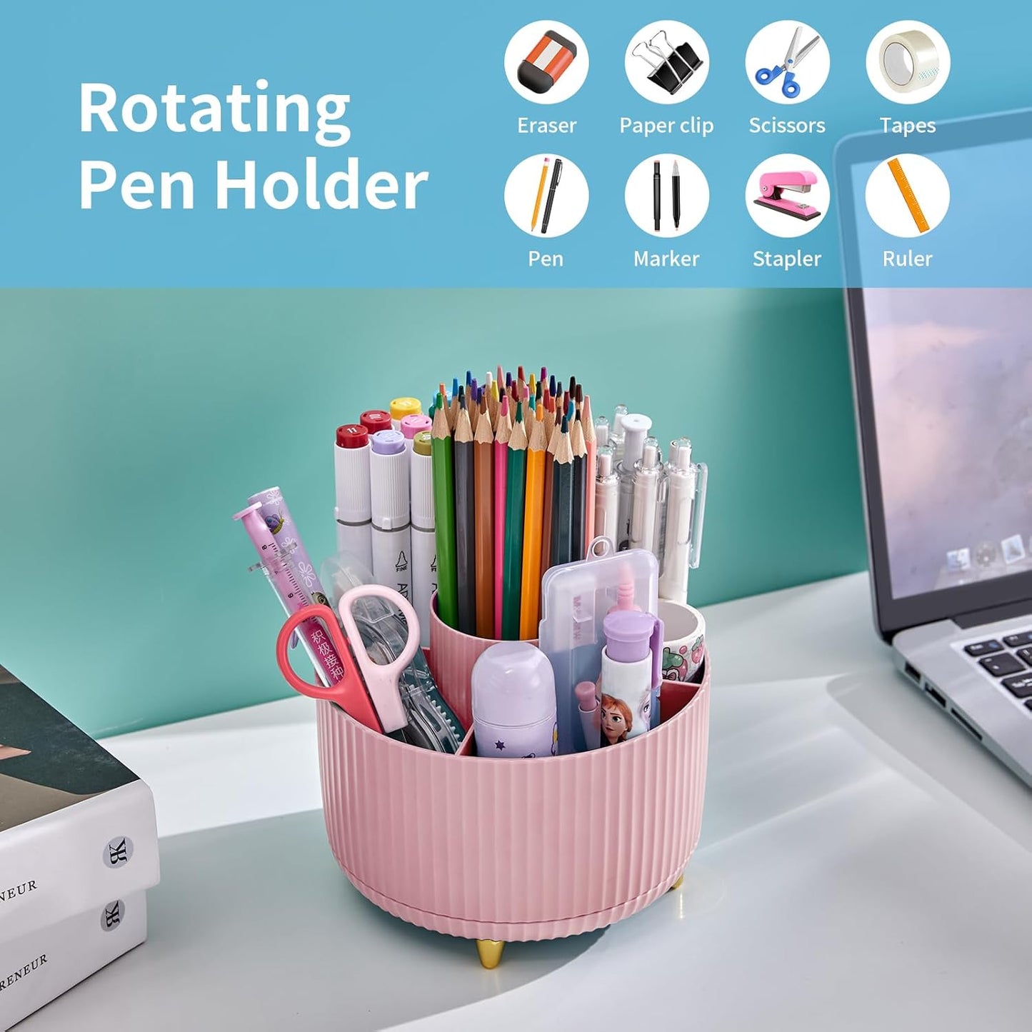 Desk Organizer, 360-Degree Rotating Pen Holder, Desk Organizers and Accessories with 5 Compartments Pencil Holder, Art Supply Storage Box Caddy for Office, Home (Yellow)