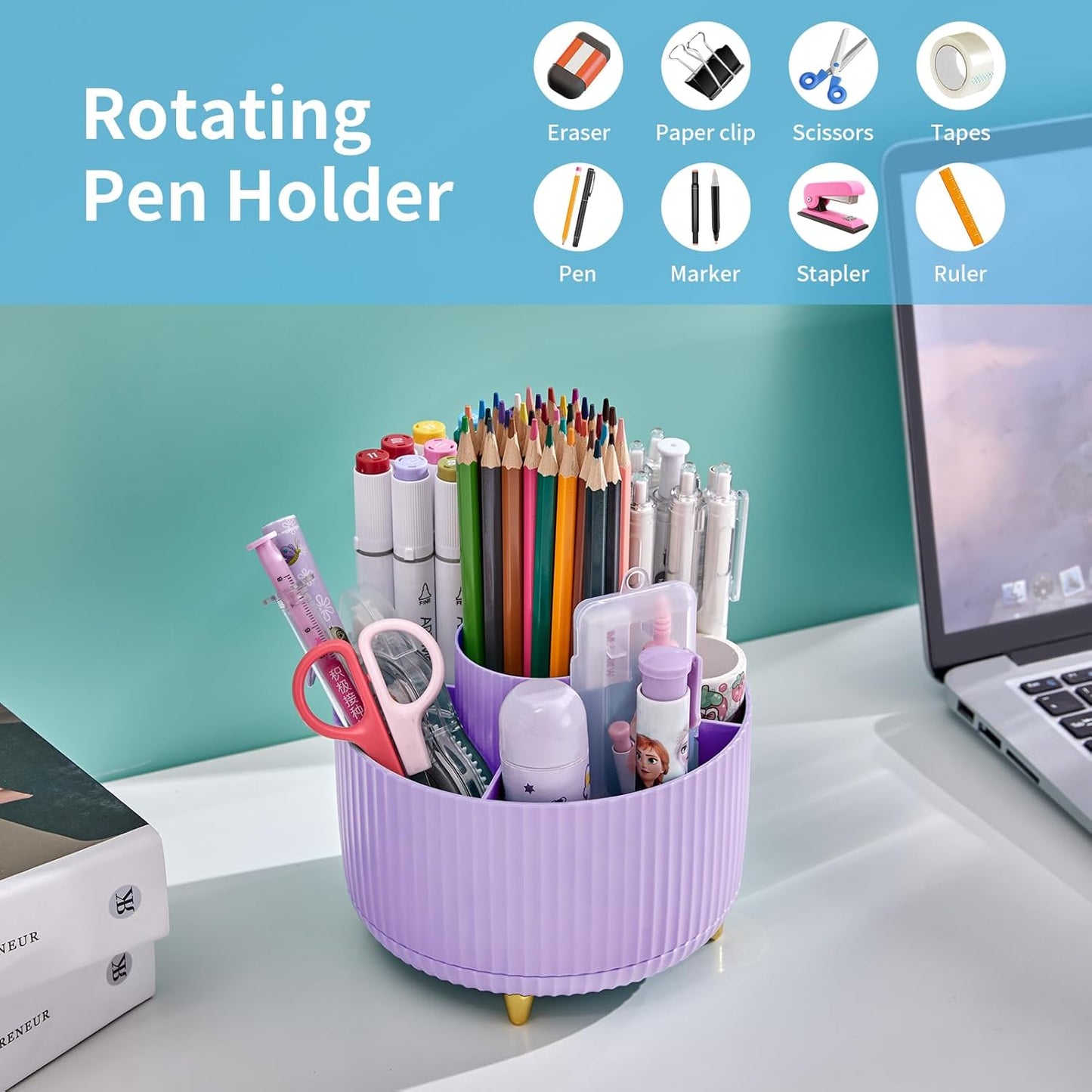 Desk Organizer, 360-Degree Rotating Pen Holder, Desk Organizers and Accessories with 5 Compartments Pencil Holder, Art Supply Storage Box Caddy for Office, Home (Yellow)