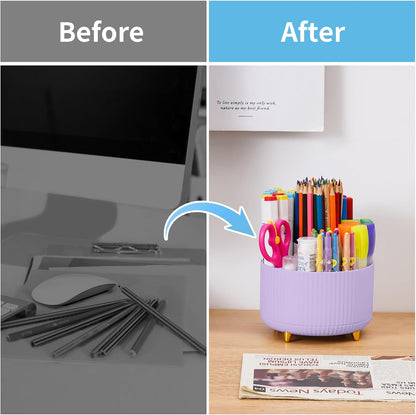Desk Organizer, 360-Degree Rotating Pen Holder, Desk Organizers and Accessories with 5 Compartments Pencil Holder, Art Supply Storage Box Caddy for Office, Home (Yellow)