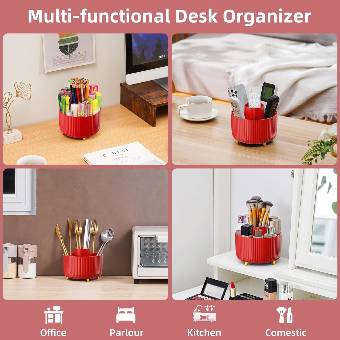 Desk Organizer, 360-Degree Rotating Pen Holder, Desk Organizers and Accessories with 5 Compartments Pencil Holder, Art Supply Storage Box Caddy for Office, Home (Yellow)