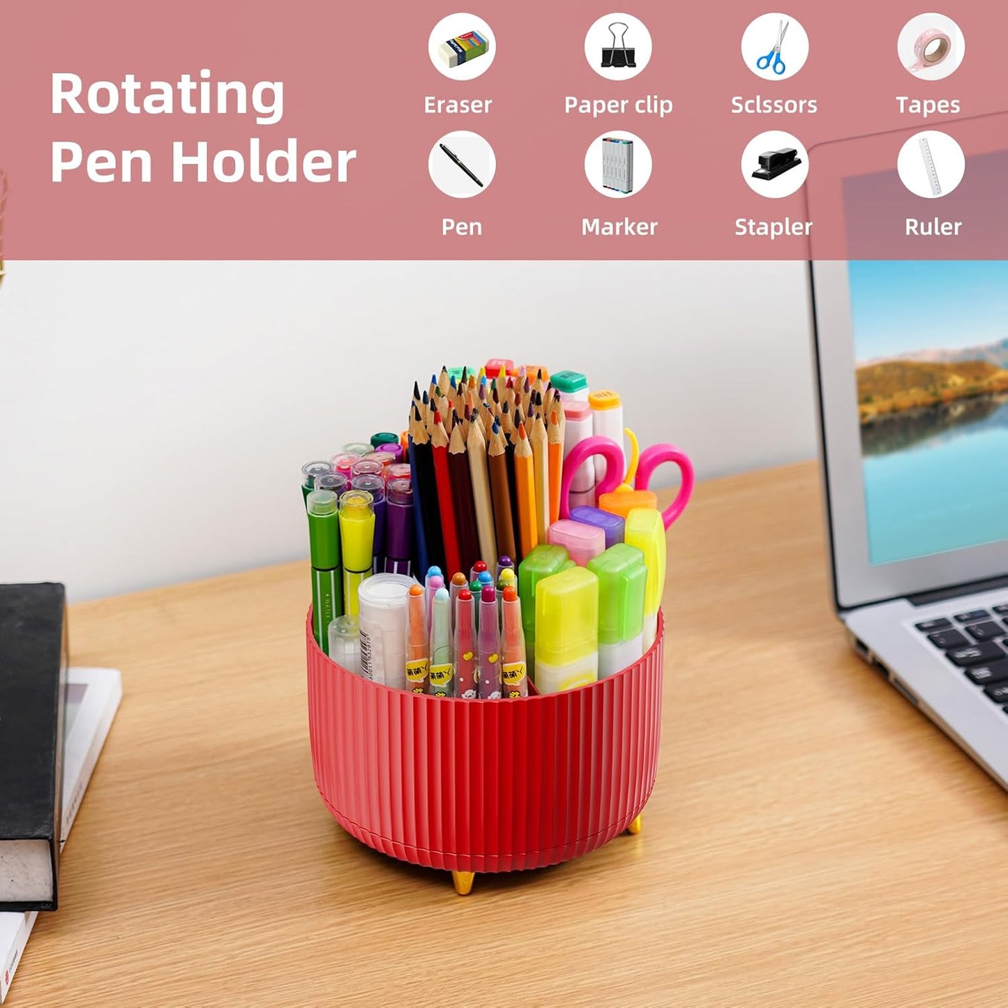 Desk Organizer, 360-Degree Rotating Pen Holder, Desk Organizers and Accessories with 5 Compartments Pencil Holder, Art Supply Storage Box Caddy for Office, Home (Yellow)