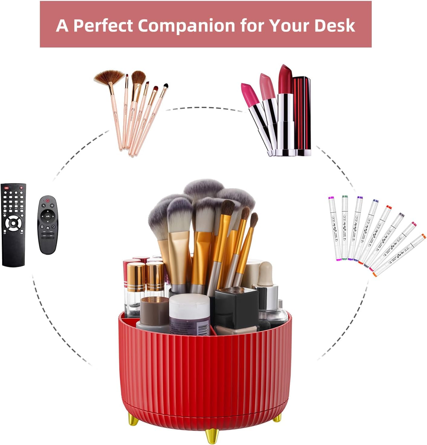 Desk Organizer, 360-Degree Rotating Pen Holder, Desk Organizers and Accessories with 5 Compartments Pencil Holder, Art Supply Storage Box Caddy for Office, Home (Yellow)