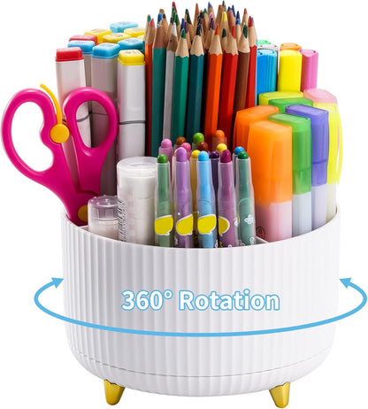 Desk Organizer, 360-Degree Rotating Pen Holder, Desk Organizers and Accessories with 5 Compartments Pencil Holder, Art Supply Storage Box Caddy for Office, Home (Yellow)