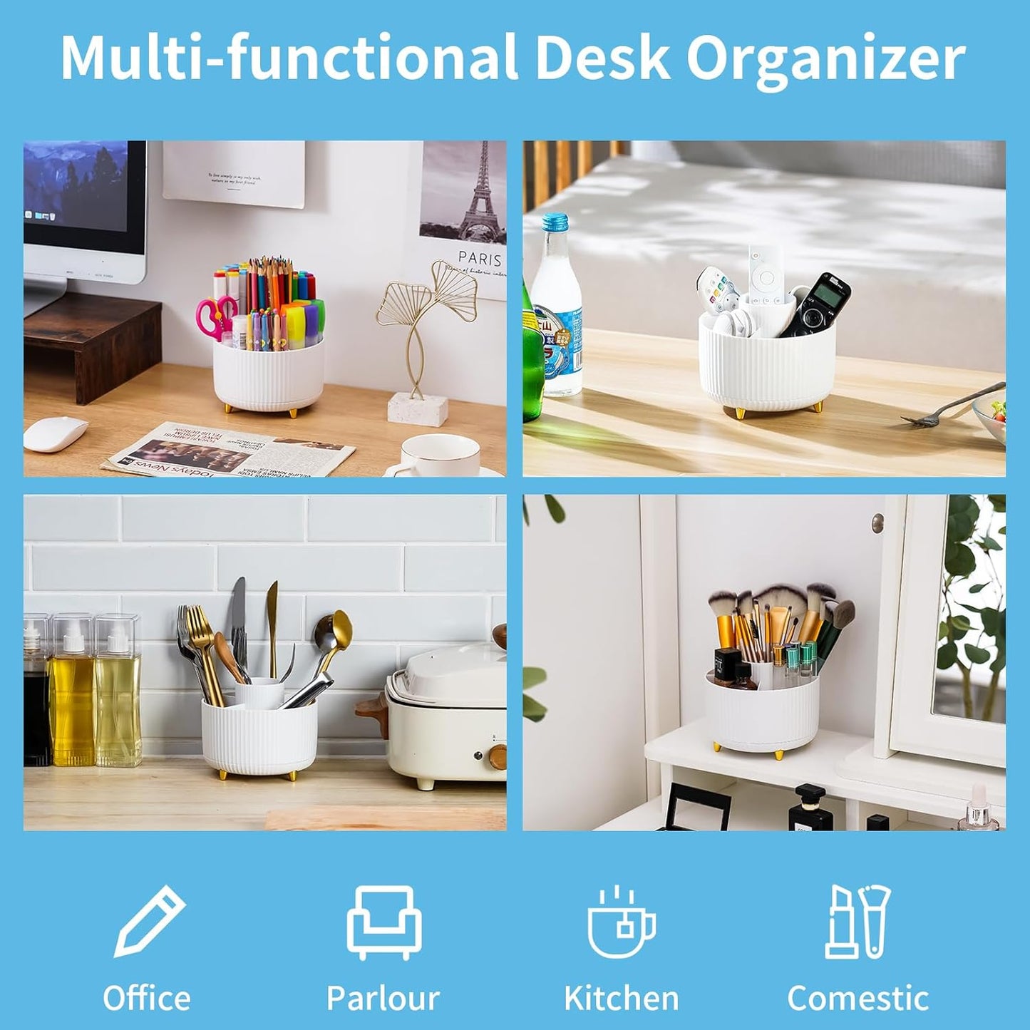 Desk Organizer, 360-Degree Rotating Pen Holder, Desk Organizers and Accessories with 5 Compartments Pencil Holder, Art Supply Storage Box Caddy for Office, Home (Yellow)