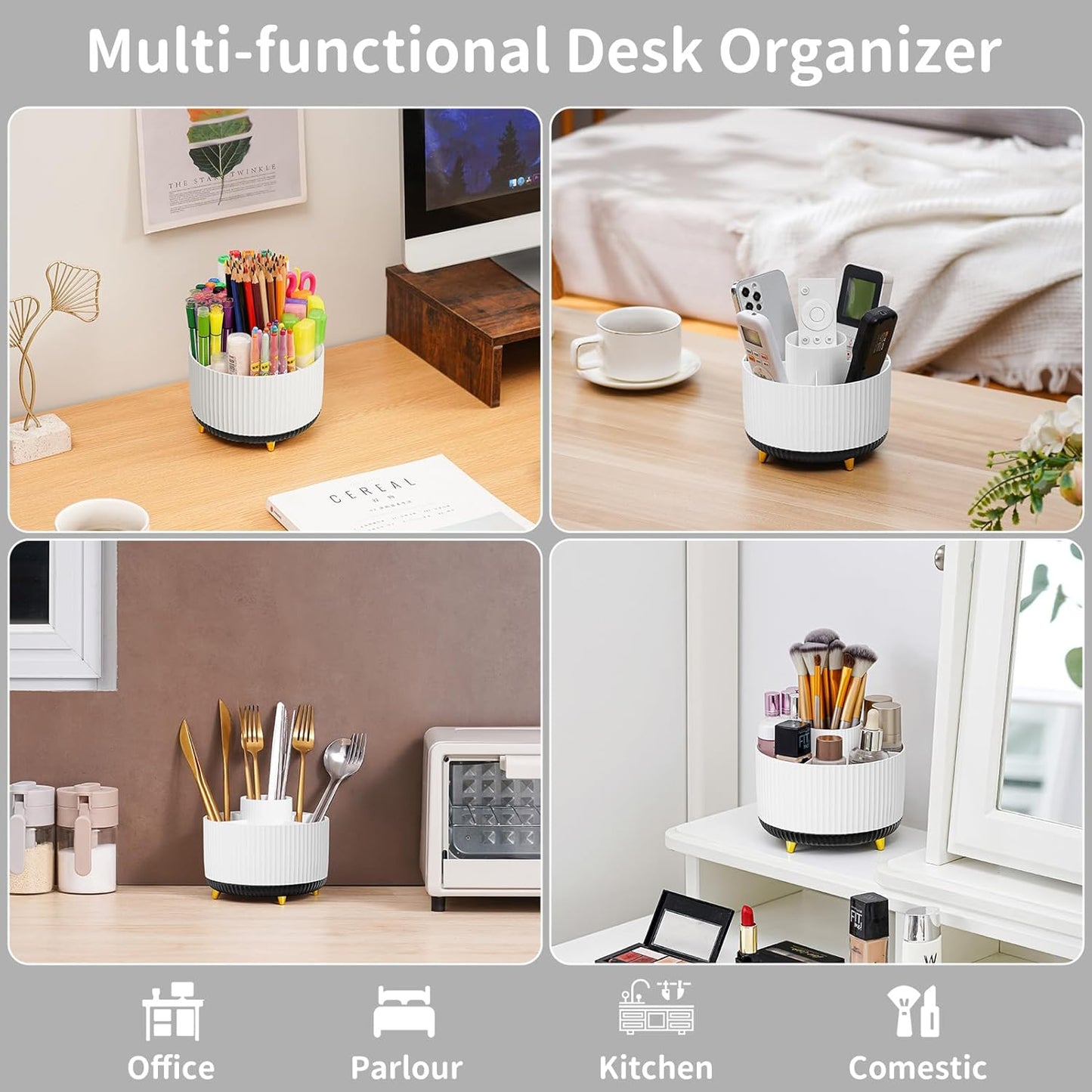 Desk Organizer, 360-Degree Rotating Pen Holder, Desk Organizers and Accessories with 5 Compartments Pencil Holder, Art Supply Storage Box Caddy for Office, Home (Yellow)