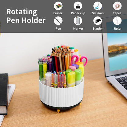 Desk Organizer, 360-Degree Rotating Pen Holder, Desk Organizers and Accessories with 5 Compartments Pencil Holder, Art Supply Storage Box Caddy for Office, Home (Yellow)