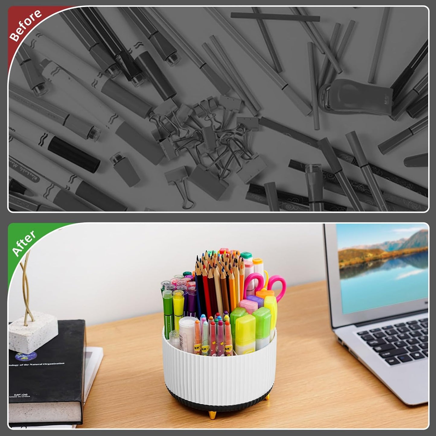 Desk Organizer, 360-Degree Rotating Pen Holder, Desk Organizers and Accessories with 5 Compartments Pencil Holder, Art Supply Storage Box Caddy for Office, Home (Yellow)