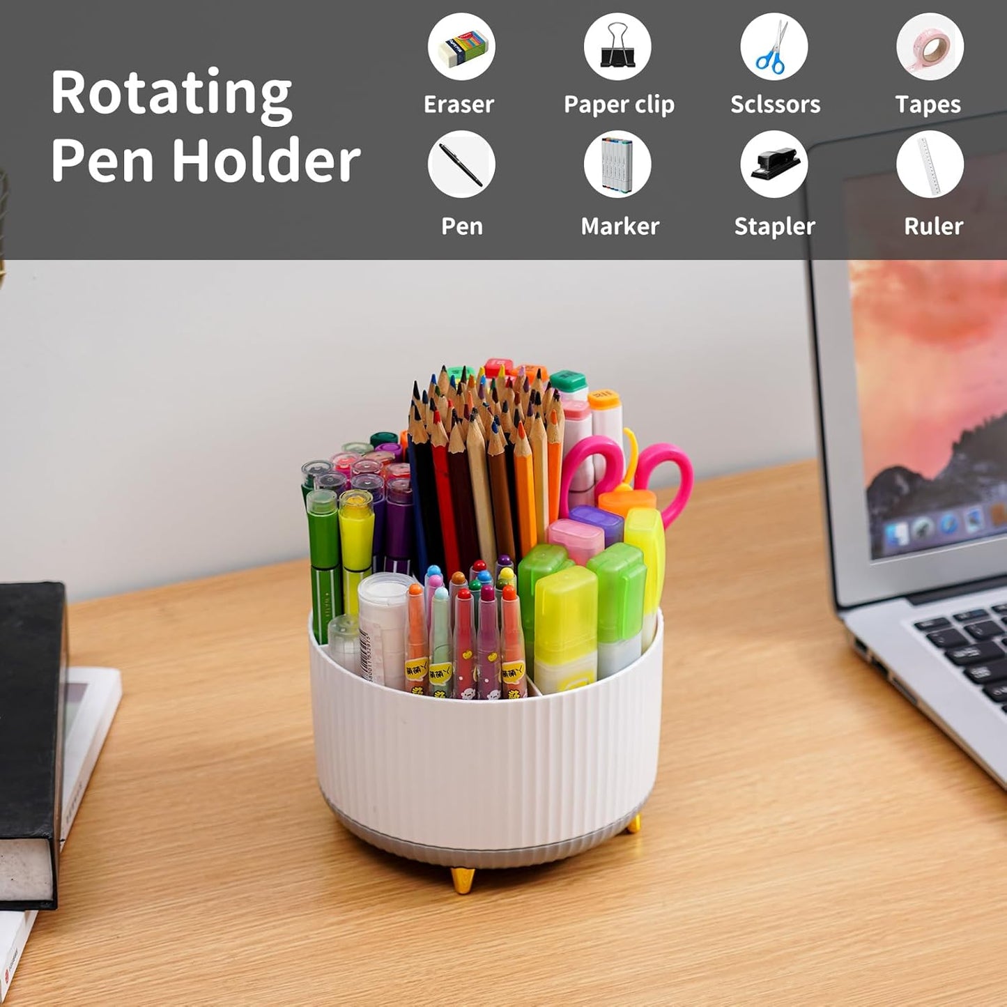 Desk Organizer, 360-Degree Rotating Pen Holder, Desk Organizers and Accessories with 5 Compartments Pencil Holder, Art Supply Storage Box Caddy for Office, Home (Yellow)