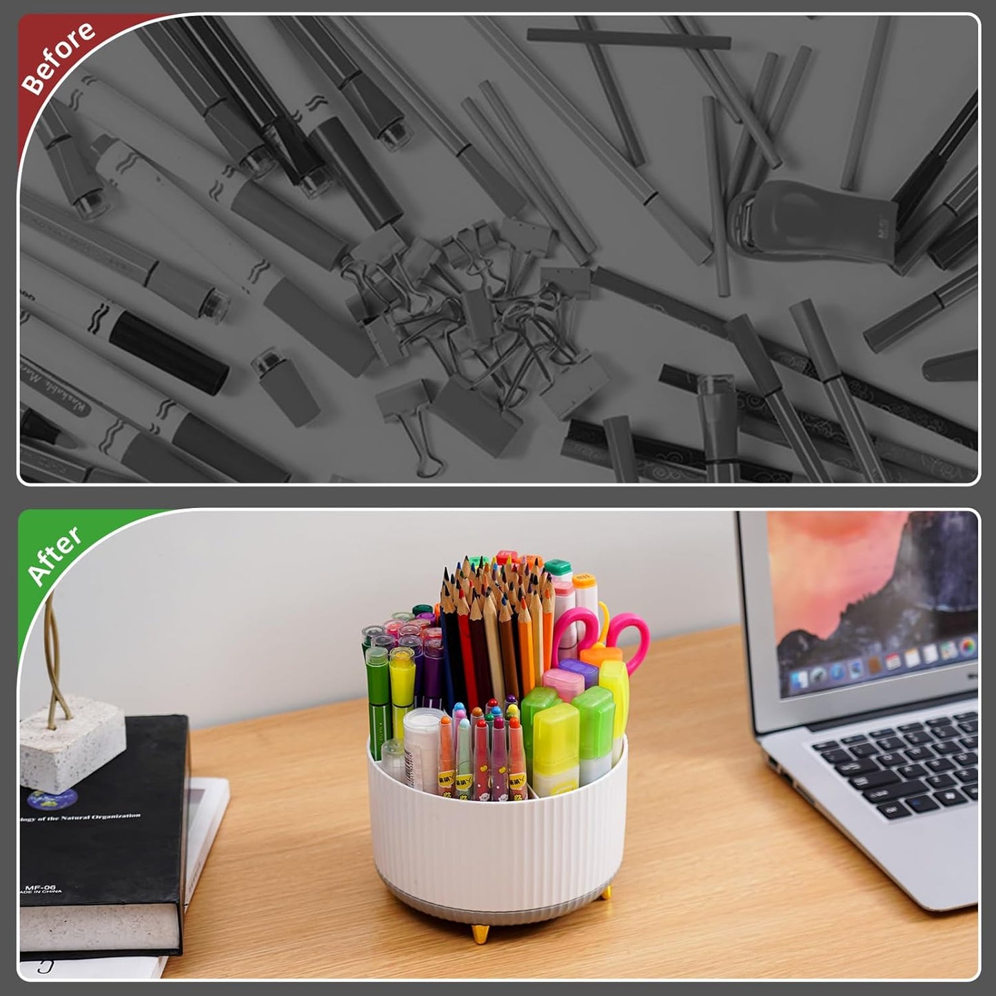 Desk Organizer, 360-Degree Rotating Pen Holder, Desk Organizers and Accessories with 5 Compartments Pencil Holder, Art Supply Storage Box Caddy for Office, Home (Yellow)