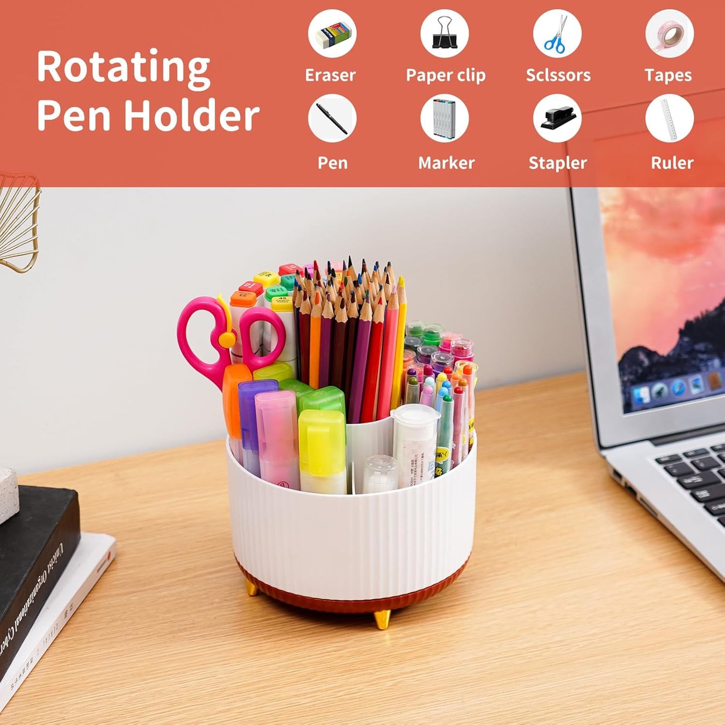 Desk Organizer, 360-Degree Rotating Pen Holder, Desk Organizers and Accessories with 5 Compartments Pencil Holder, Art Supply Storage Box Caddy for Office, Home (Yellow)