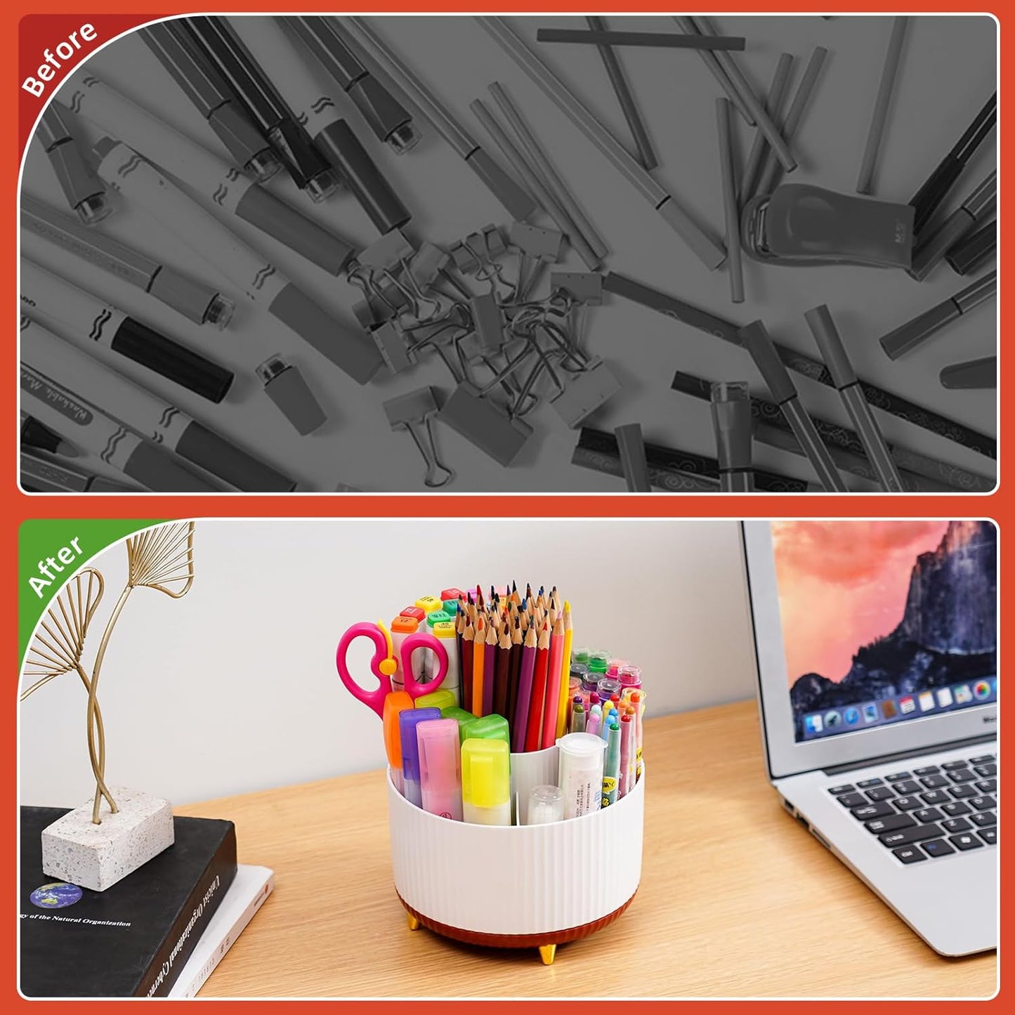 Desk Organizer, 360-Degree Rotating Pen Holder, Desk Organizers and Accessories with 5 Compartments Pencil Holder, Art Supply Storage Box Caddy for Office, Home (Yellow)