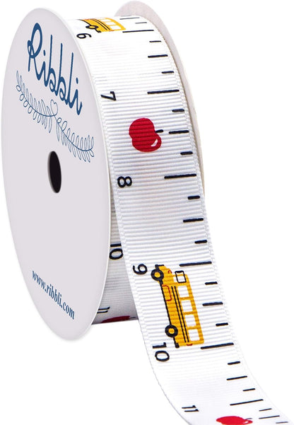 Grosgrain Ruler & School Bus Craft Ribbon,7/8-Inch,10-Yard Spool, White/Yellow/Red,Use for Teacher Appreciation Gift,Back to School Decoration,Wreath,Gift Wrapping,All Crafting and Sewing