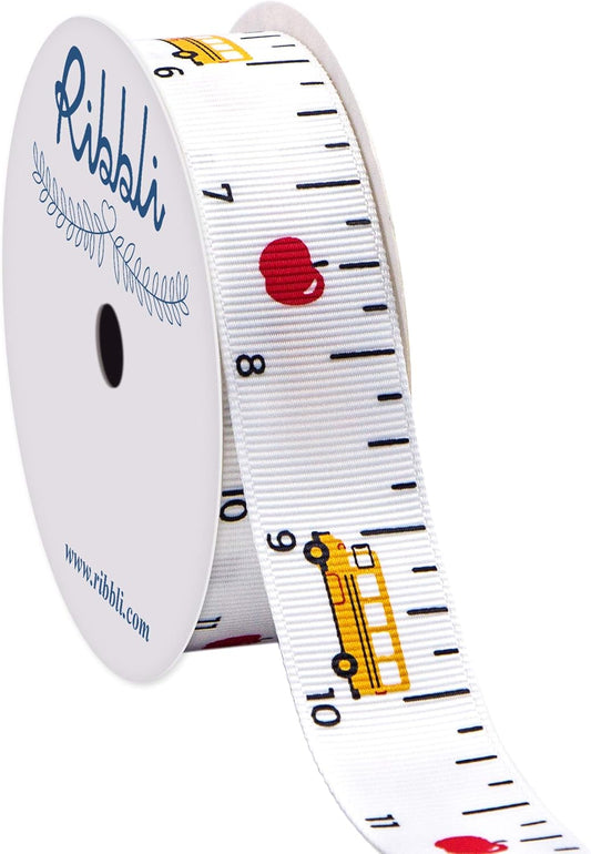 Grosgrain Ruler & School Bus Craft Ribbon,7/8-Inch,10-Yard Spool, White/Yellow/Red,Use for Teacher Appreciation Gift,Back to School Decoration,Wreath,Gift Wrapping,All Crafting and Sewing