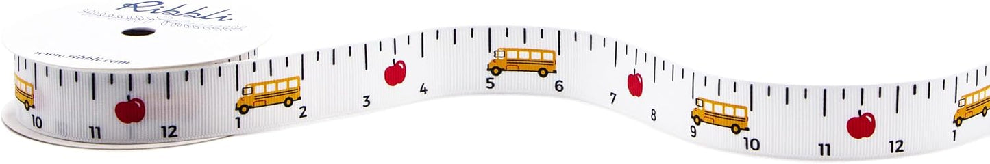 Grosgrain Ruler & School Bus Craft Ribbon,7/8-Inch,10-Yard Spool, White/Yellow/Red,Use for Teacher Appreciation Gift,Back to School Decoration,Wreath,Gift Wrapping,All Crafting and Sewing
