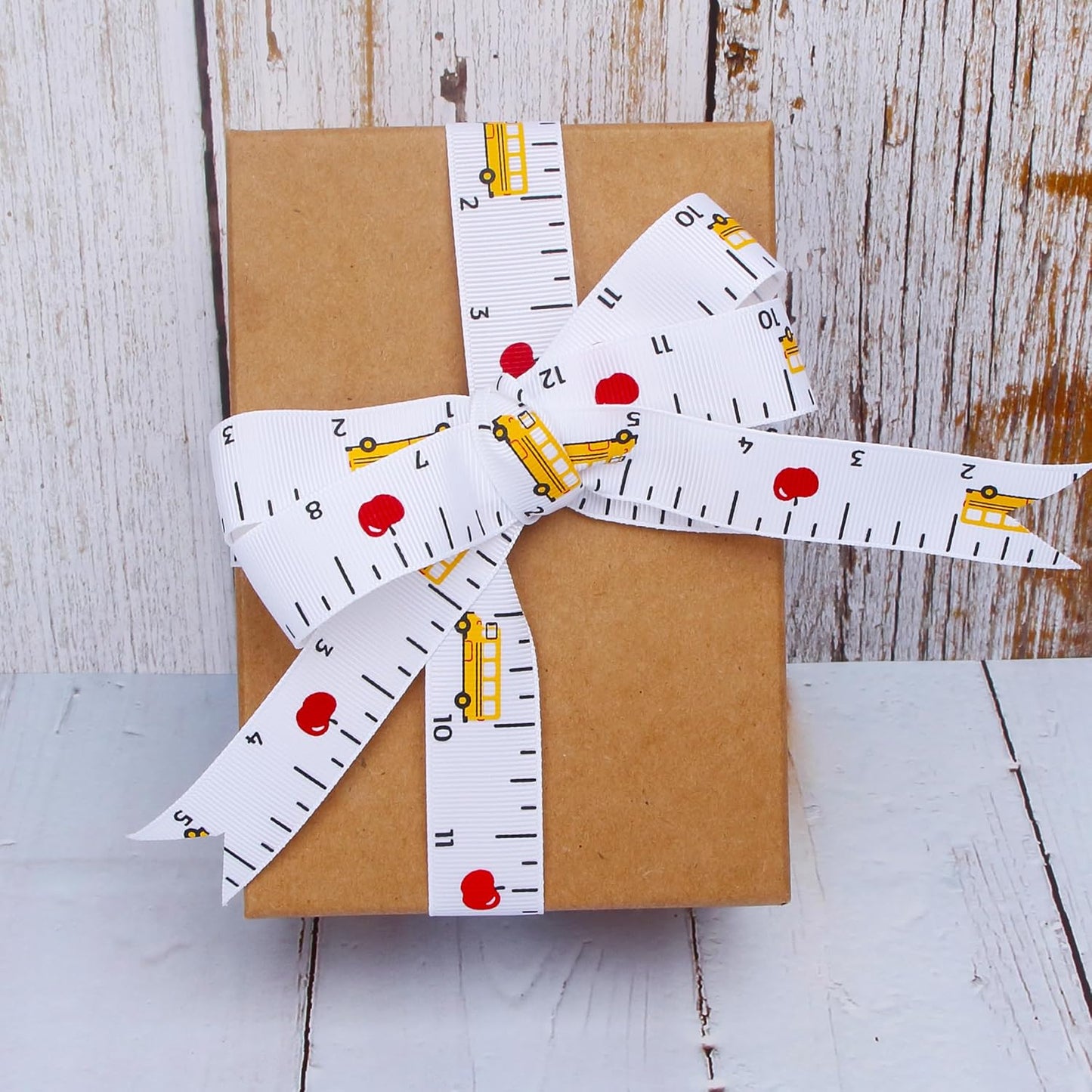 Grosgrain Ruler & School Bus Craft Ribbon,7/8-Inch,10-Yard Spool, White/Yellow/Red,Use for Teacher Appreciation Gift,Back to School Decoration,Wreath,Gift Wrapping,All Crafting and Sewing