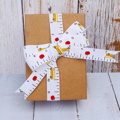 Grosgrain Ruler & School Bus Craft Ribbon,7/8-Inch,10-Yard Spool, White/Yellow/Red,Use for Teacher Appreciation Gift,Back to School Decoration,Wreath,Gift Wrapping,All Crafting and Sewing