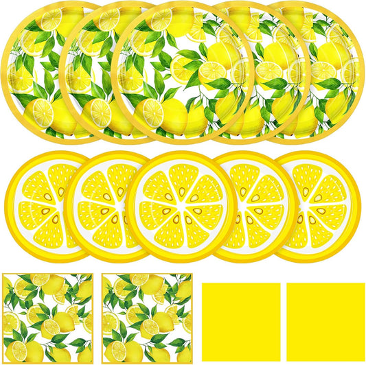 200 Pcs Lemon Party Supplies Kit Summer Fruit Theme Disposable Paper Dinner Dessert Plates Luncheon Napkins Beverage Napkins for Yellow Lemon Birthday Baby Shower Wedding Party 50 Guests