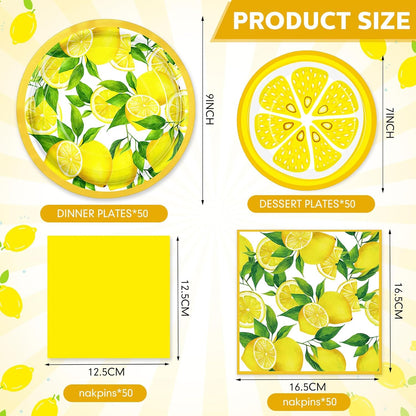 200 Pcs Lemon Party Supplies Kit Summer Fruit Theme Disposable Paper Dinner Dessert Plates Luncheon Napkins Beverage Napkins for Yellow Lemon Birthday Baby Shower Wedding Party 50 Guests