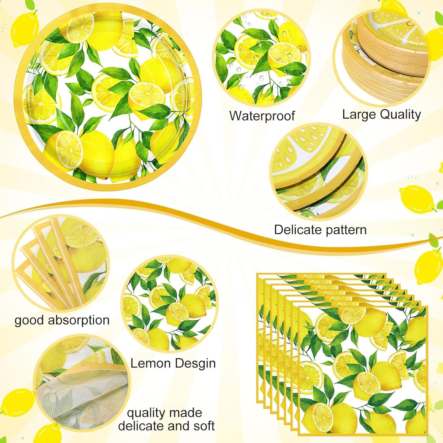 200 Pcs Lemon Party Supplies Kit Summer Fruit Theme Disposable Paper Dinner Dessert Plates Luncheon Napkins Beverage Napkins for Yellow Lemon Birthday Baby Shower Wedding Party 50 Guests