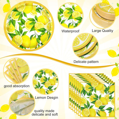 200 Pcs Lemon Party Supplies Kit Summer Fruit Theme Disposable Paper Dinner Dessert Plates Luncheon Napkins Beverage Napkins for Yellow Lemon Birthday Baby Shower Wedding Party 50 Guests