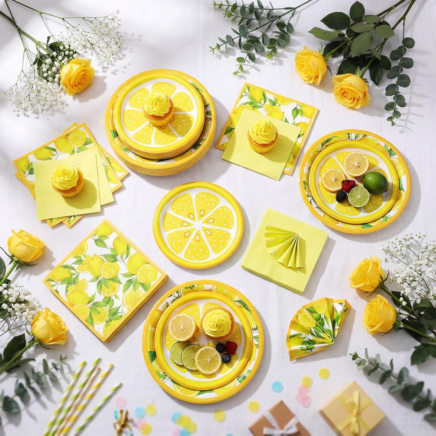 200 Pcs Lemon Party Supplies Kit Summer Fruit Theme Disposable Paper Dinner Dessert Plates Luncheon Napkins Beverage Napkins for Yellow Lemon Birthday Baby Shower Wedding Party 50 Guests