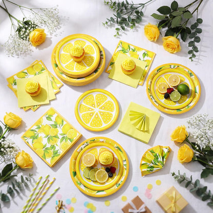 200 Pcs Lemon Party Supplies Kit Summer Fruit Theme Disposable Paper Dinner Dessert Plates Luncheon Napkins Beverage Napkins for Yellow Lemon Birthday Baby Shower Wedding Party 50 Guests