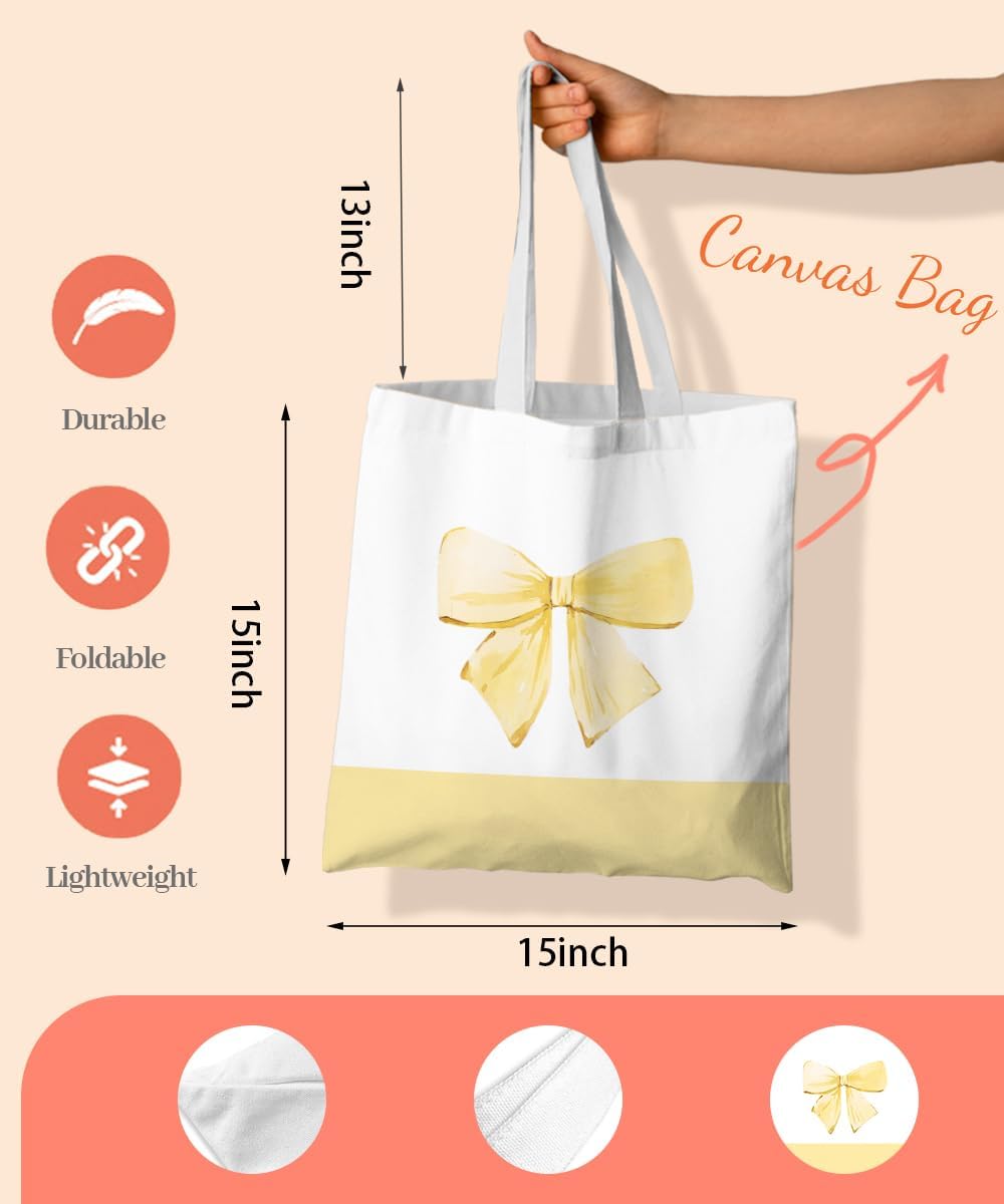 Coquette Pink Bow Preppy Canvas Tote Bag for Women Teens Teen Girls, Pink Bow Girls Tote Bag, Coquette Gifts