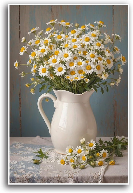 White ceramic jar canvas painting fresh daisies yellow flower heart lace tablecloth plaid blue green stems weathered wood background rustic still life vintage floral art home wall decor artwork
