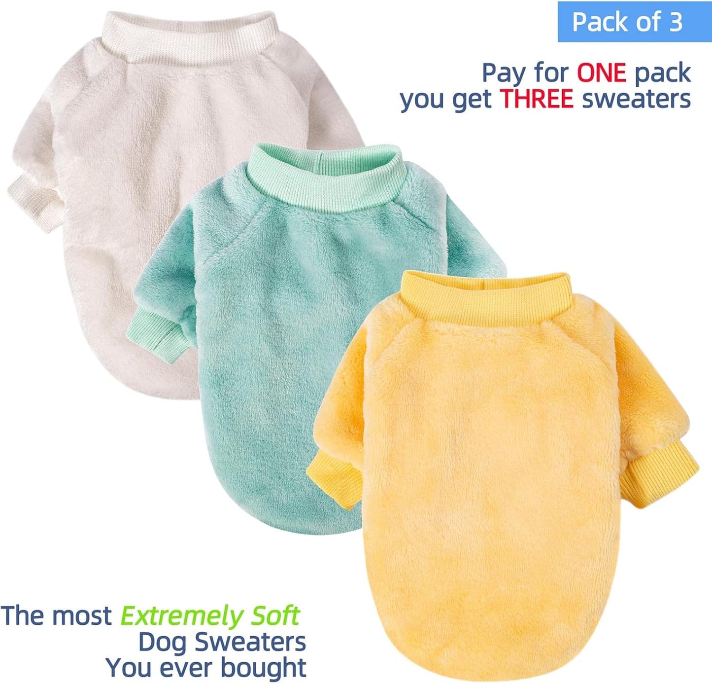 Small Dog Sweaters, 3-Pack Dog & Cat Clothes, Ultra Soft and Warm Pet Jackets for Small Dogs Boy & Girl, Winter Pet Apparel Costumes, Puppy Outfits (Beige,Light Green,Yellow, Large)