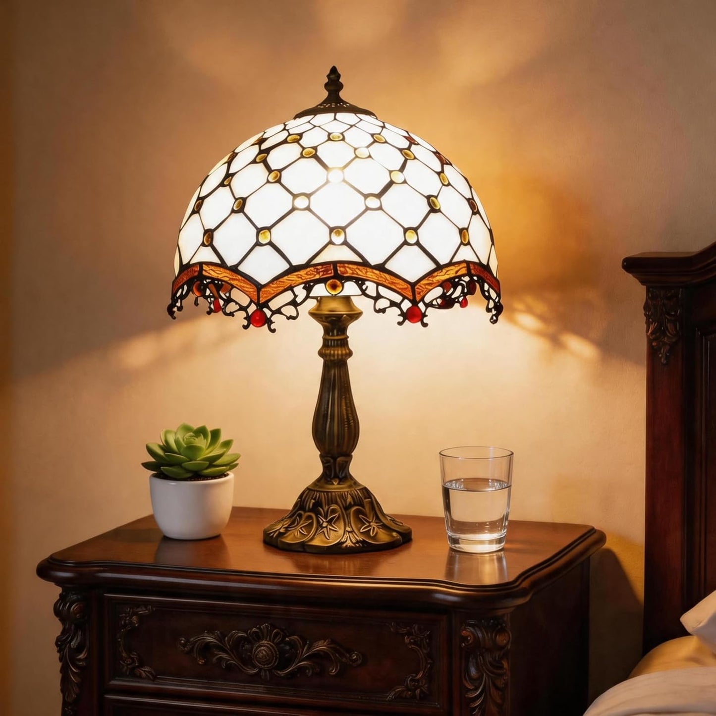Tiffany Lamp Cream Amber Stained Glass Bead Table Lamp Desk Bedside Reading Light 12X12X18 Inches Deco Bedroom Living Room Home Office