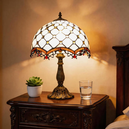 Tiffany Lamp Cream Amber Stained Glass Bead Table Lamp Desk Bedside Reading Light 12X12X18 Inches Deco Bedroom Living Room Home Office