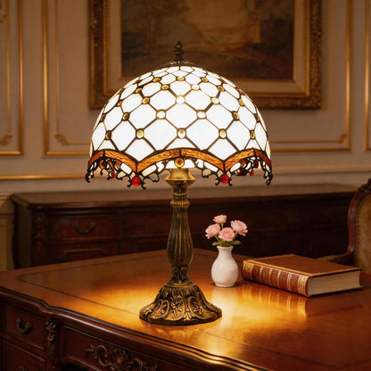 Tiffany Lamp Cream Amber Stained Glass Bead Table Lamp Desk Bedside Reading Light 12X12X18 Inches Deco Bedroom Living Room Home Office