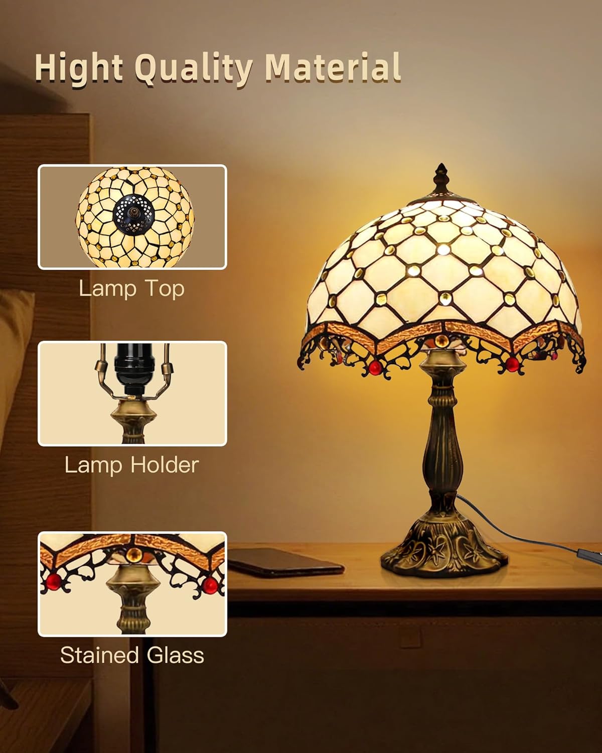 Tiffany Lamp Cream Amber Stained Glass Bead Table Lamp Desk Bedside Reading Light 12X12X18 Inches Deco Bedroom Living Room Home Office