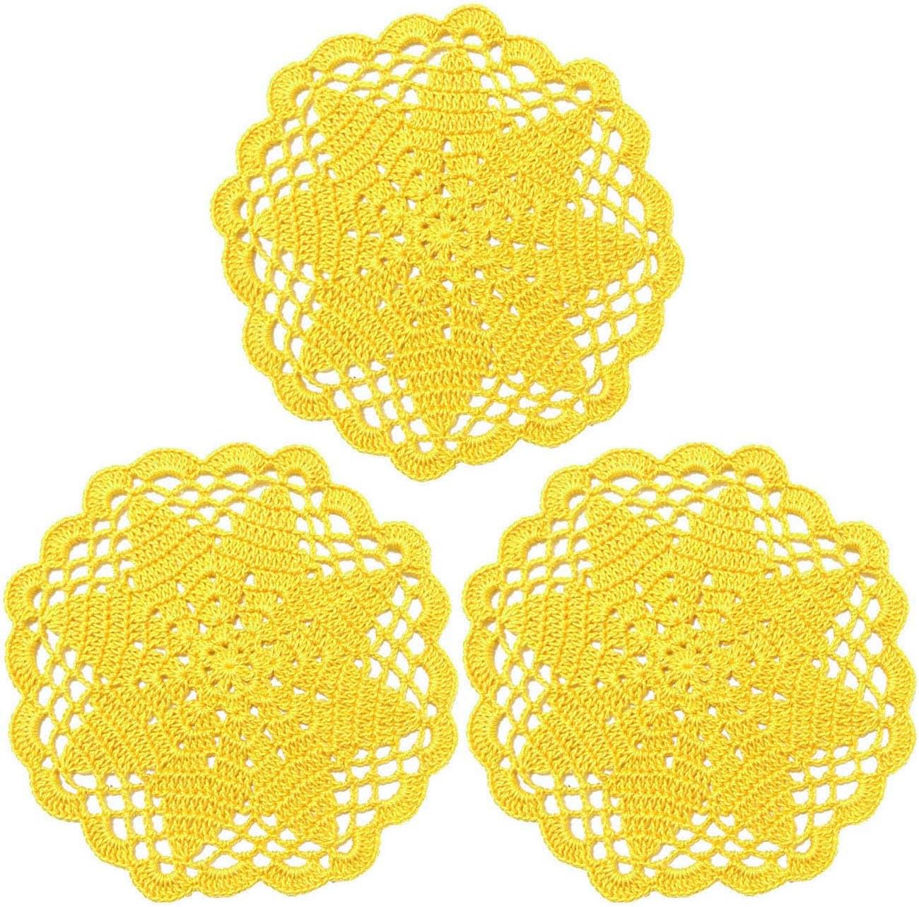 3 PCS 7 Inch Crochet Lace Doilies Coasters Handmade Knitted Small Plants Mug Cup Place Mats (Yellow)