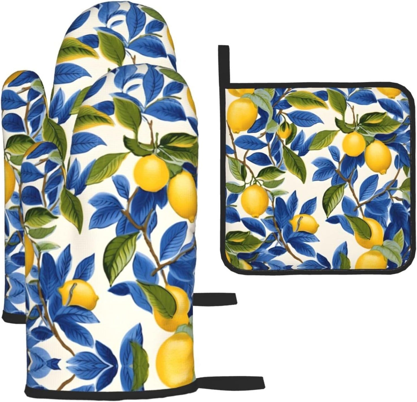 Blue and Yellow Lemon Oven Mitts and Pot Holders Sets of 3 Heat Resistant Non Slip Oven Gloves Hot Pads for Kitchen Cooking Baking Grilling BBQ