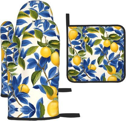 Blue and Yellow Lemon Oven Mitts and Pot Holders Sets of 3 Heat Resistant Non Slip Oven Gloves Hot Pads for Kitchen Cooking Baking Grilling BBQ