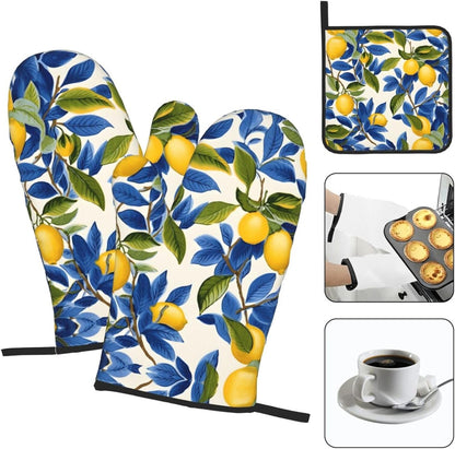 Blue and Yellow Lemon Oven Mitts and Pot Holders Sets of 3 Heat Resistant Non Slip Oven Gloves Hot Pads for Kitchen Cooking Baking Grilling BBQ