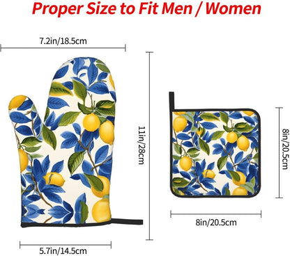 Blue and Yellow Lemon Oven Mitts and Pot Holders Sets of 3 Heat Resistant Non Slip Oven Gloves Hot Pads for Kitchen Cooking Baking Grilling BBQ