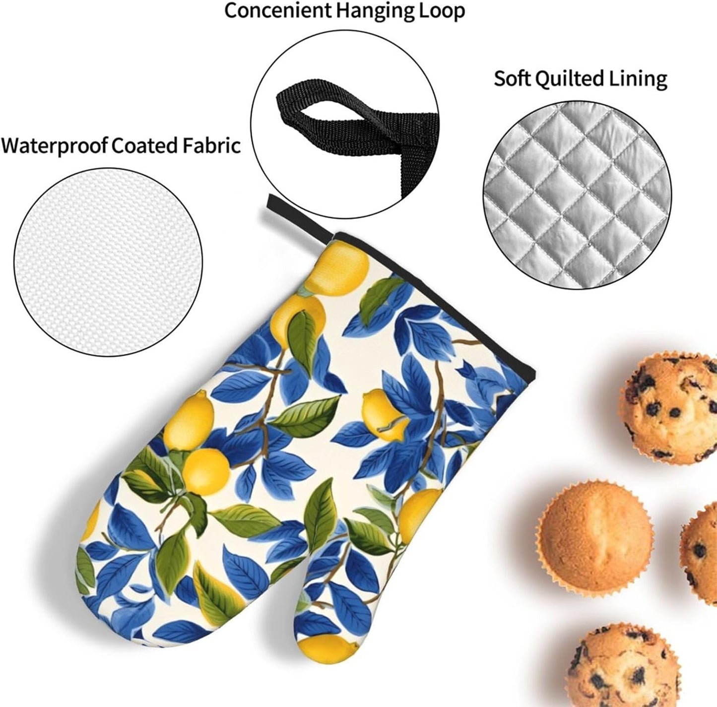 Blue and Yellow Lemon Oven Mitts and Pot Holders Sets of 3 Heat Resistant Non Slip Oven Gloves Hot Pads for Kitchen Cooking Baking Grilling BBQ