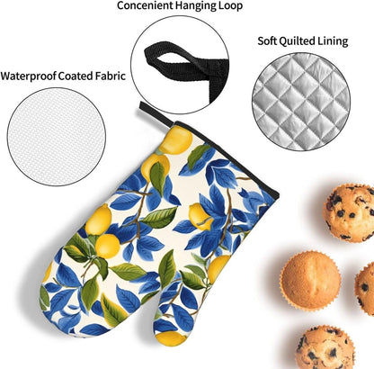 Blue and Yellow Lemon Oven Mitts and Pot Holders Sets of 3 Heat Resistant Non Slip Oven Gloves Hot Pads for Kitchen Cooking Baking Grilling BBQ