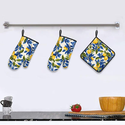 Blue and Yellow Lemon Oven Mitts and Pot Holders Sets of 3 Heat Resistant Non Slip Oven Gloves Hot Pads for Kitchen Cooking Baking Grilling BBQ