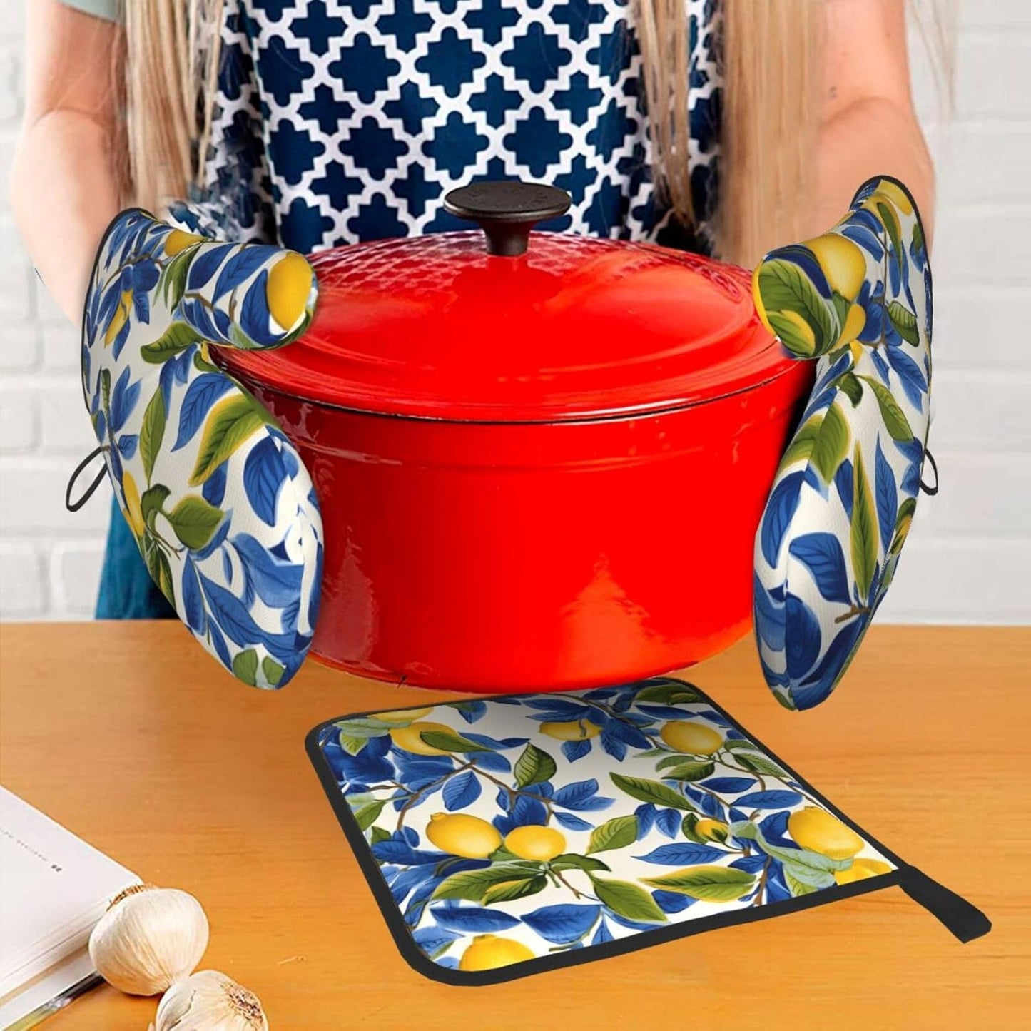 Blue and Yellow Lemon Oven Mitts and Pot Holders Sets of 3 Heat Resistant Non Slip Oven Gloves Hot Pads for Kitchen Cooking Baking Grilling BBQ