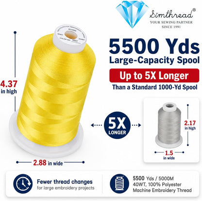 5500Yds Embroidery Thread, 5000M High-Yardage 40WT 100% Polyester Thread – 170+ Vivid Colors, High-Speed Rated – Compatible with Brother, Singer, Janome & More - Sunshine Yellow S022