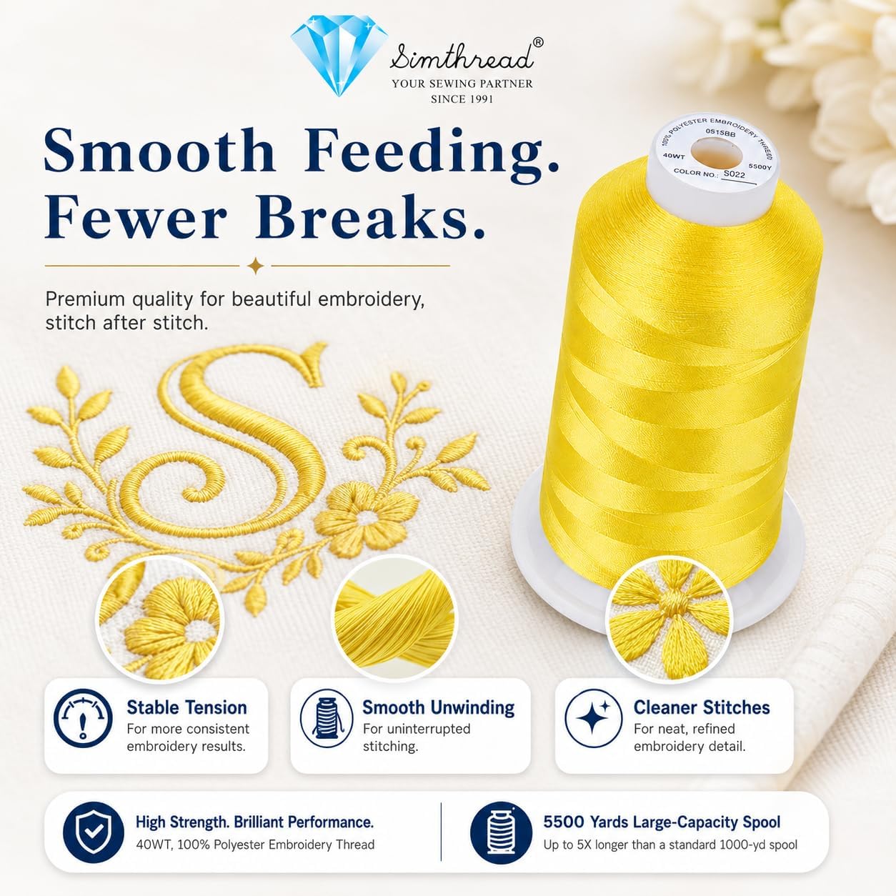 5500Yds Embroidery Thread, 5000M High-Yardage 40WT 100% Polyester Thread – 170+ Vivid Colors, High-Speed Rated – Compatible with Brother, Singer, Janome & More - Sunshine Yellow S022