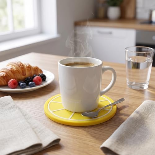 Cute Fruit Shape Coaster, Silicone Cup Mat with Anti Slip & Heat Insulation, Cup Holder Drink Mat for Kitchen Accessory (Lemon)