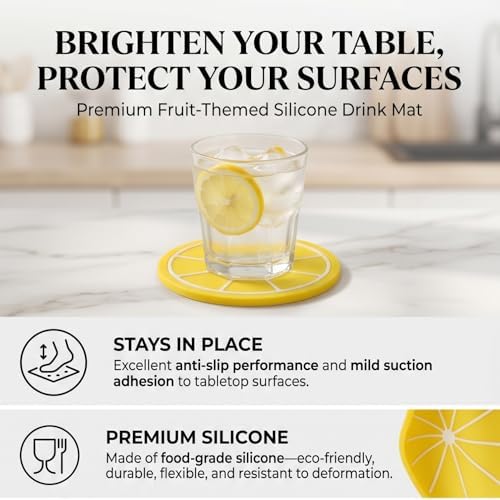 Cute Fruit Shape Coaster, Silicone Cup Mat with Anti Slip & Heat Insulation, Cup Holder Drink Mat for Kitchen Accessory (Lemon)