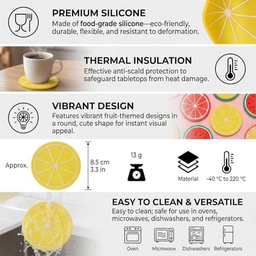 Cute Fruit Shape Coaster, Silicone Cup Mat with Anti Slip & Heat Insulation, Cup Holder Drink Mat for Kitchen Accessory (Lemon)