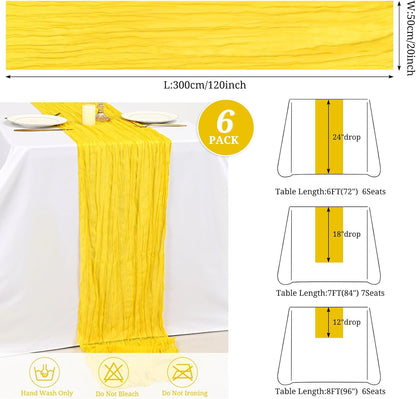 6 Pack Yellow Cheesecloth Table Runner 10FT Cheese Cloths for Wedding Decor, 20x120inch Rustic Boho Gauze Table Runners for Wedding Party Bridal Shower Table Decoration