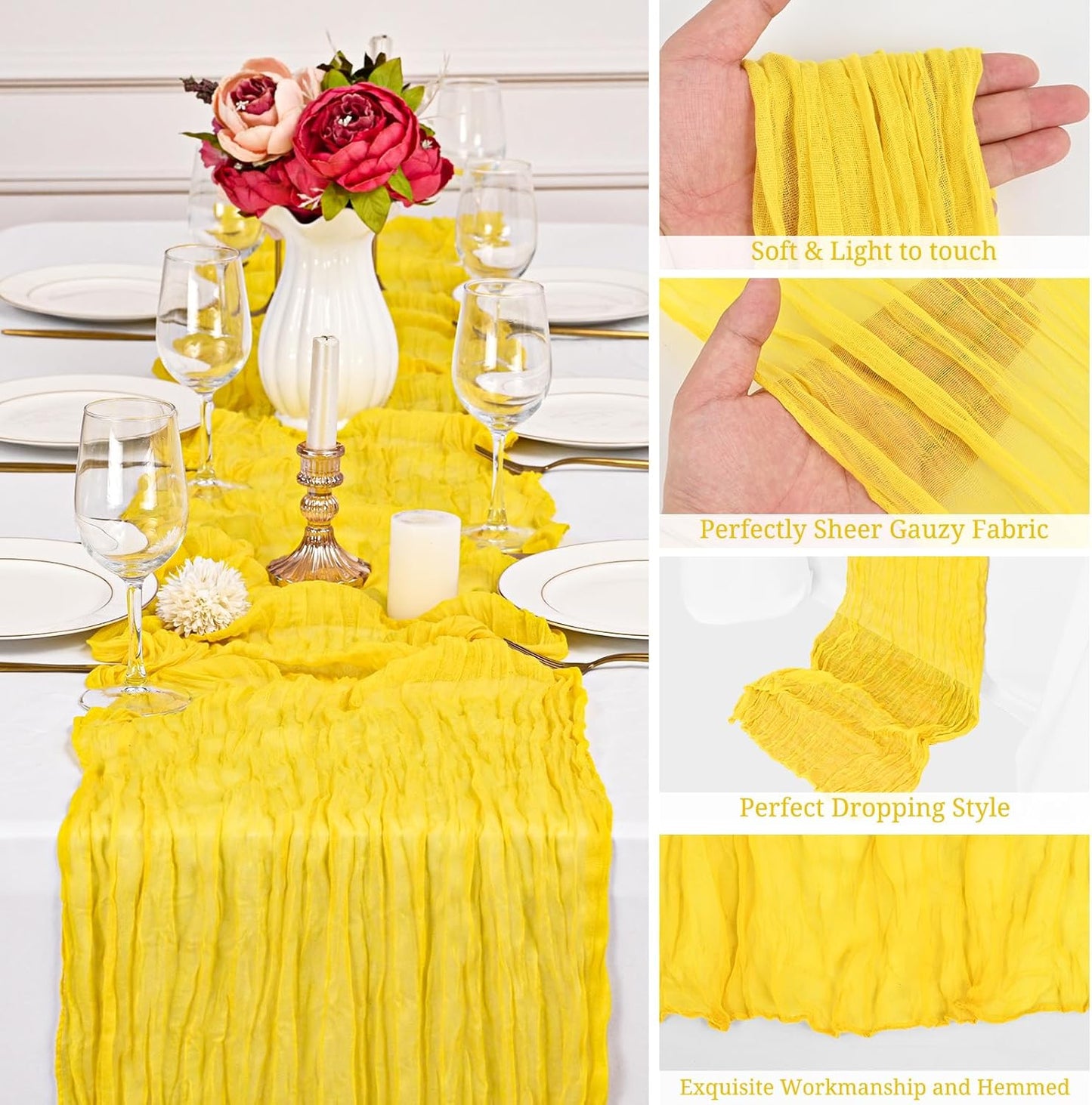 6 Pack Yellow Cheesecloth Table Runner 10FT Cheese Cloths for Wedding Decor, 20x120inch Rustic Boho Gauze Table Runners for Wedding Party Bridal Shower Table Decoration